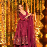 Maroon Floral Embroidered Silk Anarkali Set