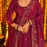 Maroon Floral Embroidered Silk Anarkali Set