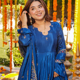 Royal Blue Floral Embroidered Silk Anarkali Set