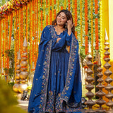 Royal Blue Floral Embroidered Silk Anarkali Set