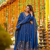 Royal Blue Floral Embroidered Silk Anarkali Set