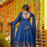 Royal Blue Floral Embroidered Silk Anarkali Set
