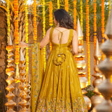 Mustard Yellow Floral Embroidered Silk Anarkali Set