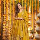 Mustard Yellow Floral Embroidered Silk Anarkali Set