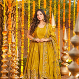 Mustard Yellow Floral Embroidered Silk Anarkali Set