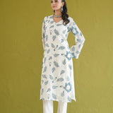 Ivory Teal Vine Embroidered Kurti