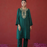 Bottle Green Gold Embroidered Kurti