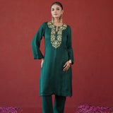 Bottle Green Gold Embroidered Kurti