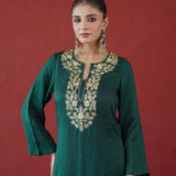 Bottle Green Gold Embroidered Kurti