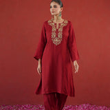 Maroon Gold Embroidered Neck Kurti