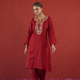 Maroon Gold Embroidered Neck Kurti