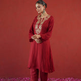 Maroon Gold Embroidered Neck Kurti
