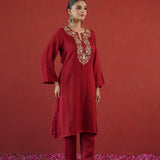 Maroon Gold Embroidered Neck Kurti