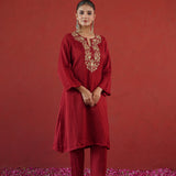 Maroon Gold Embroidered Neck Kurti
