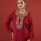 Maroon Gold Embroidered Neck Kurti