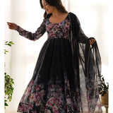 Powdered Black Organza Floral Printed Anarkali Set