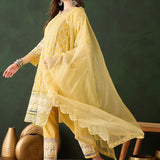 Sunshine Yellow Cotton Kurti With Lace Hem