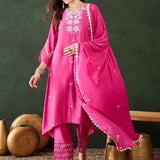 Hot Pink Silk Kurti With White Floral Embroidery