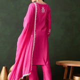 Hot Pink Silk Kurti With White Floral Embroidery