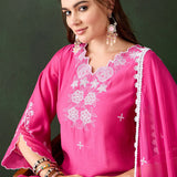 Hot Pink Silk Kurti With White Floral Embroidery