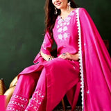 Hot Pink Silk Kurti With White Floral Embroidery