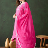 Hot Pink Silk Kurti With White Floral Embroidery