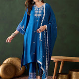 Cobalt Blue Silk Kurti With Floral Motif Embroidery