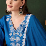 Cobalt Blue Silk Kurti With Floral Motif Embroidery