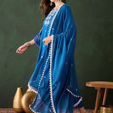 Cobalt Blue Silk Kurti With Floral Motif Embroidery