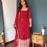 Red Georgette Kurti With Gold Motif Border
