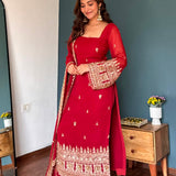 Red Georgette Kurti With Gold Motif Border