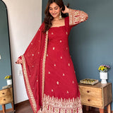 Red Georgette Kurti With Gold Motif Border