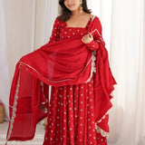 Crimson Silk Anarkali With Scattered Floral Motifs