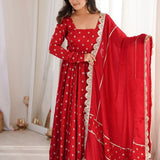 Crimson Silk Anarkali With Scattered Floral Motifs