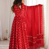 Crimson Silk Anarkali With Scattered Floral Motifs
