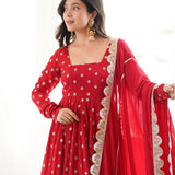 Crimson Silk Anarkali With Scattered Floral Motifs