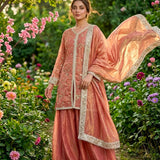 Coral Silk Kurti With Scattered Floral Embroidery