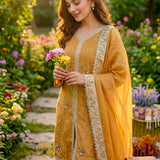 Golden Mustard Silk Kurti With Pearl Trim