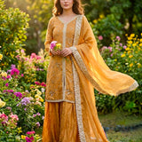 Golden Mustard Silk Kurti With Pearl Trim