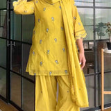 Mustard Yellow Satin Kurti With Floral Embroidery