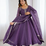 Purple Embroidered Silk Anarkali Set
