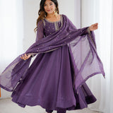 Purple Embroidered Silk Anarkali Set
