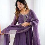Purple Embroidered Silk Anarkali Set