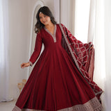 Deep Red Embroidered Silk Anarkali Set