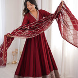 Deep Red Embroidered Silk Anarkali Set