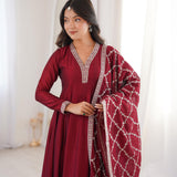 Deep Red Embroidered Silk Anarkali Set