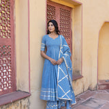 Dusty Blue Mirror-Trail Anarkali Set