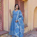 Dusty Blue Mirror-Trail Anarkali Set