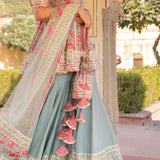 Olive Floral Printed Layered Cotton Indo Western Set
