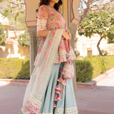 Olive Floral Printed Layered Cotton Indo Western Set